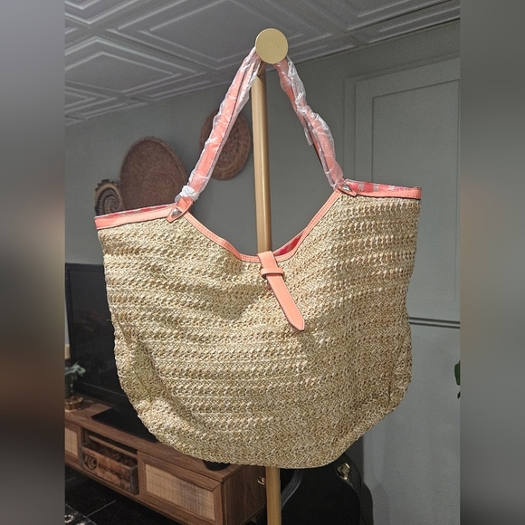 STELLA & DOT Riveria Woven Tote In Natural With Coral Accents. NWOT - Picture 9 of 15